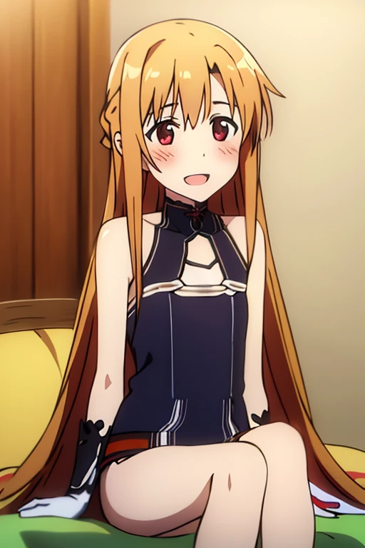 ((Best Quality)), ((masterpiece)), (be familiar with),  perfect face, indoor, bedroom,  is watching viewers,
One woman, Yuuki Asuna,
 characters with open mouth , Ecstatic expression, blush, smile,
Small breasts,  flat chest, , ,  kids, Girl,
Long Hair,  l...