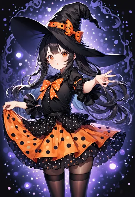 a girl dressed in an enchanting halloween witch costume, standing , playful pose, classic black witch hat with an orange polka d...