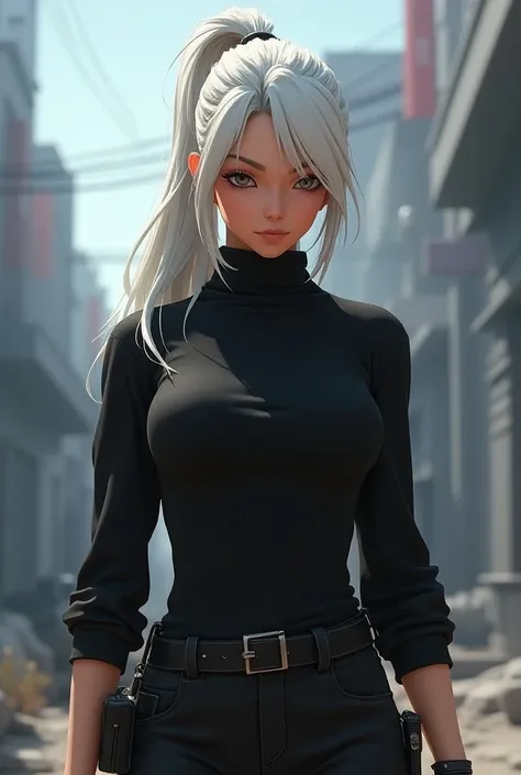 Game Free Fire: a girl with white hair tied up an all-black shirt, a black turtleneck and a pair of long black pants. 