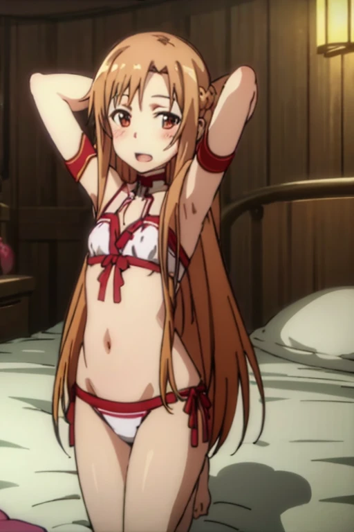 ((Best Quality)), ((masterpiece)), (be familiar with),  perfect face, indoor, bedroom,  is watching viewers,
One woman, Yuuki Asuna,
 characters with open mouth , Ecstatic expression, blush, smile,
Small breasts,  flat chest, , ,  kids, Girl,
Long Hair,  l...