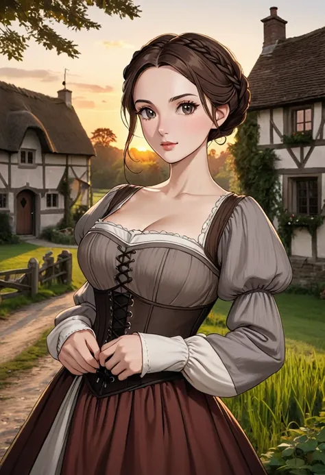 Gorgeous and sultry busty athletic (thin) brunette peasant with soft well defined facial features wearing a modest updo, medieval hair cover, rough-spun grey and brown medieval dress, long sleeves, wide neck, long dress, tight bodice, corset, Middle Ages, ...