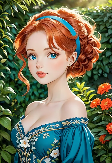 an enchanting young woman standing in a meticulously landscaped, sunlit garden filled with blooming red and orange flowers, vibr...