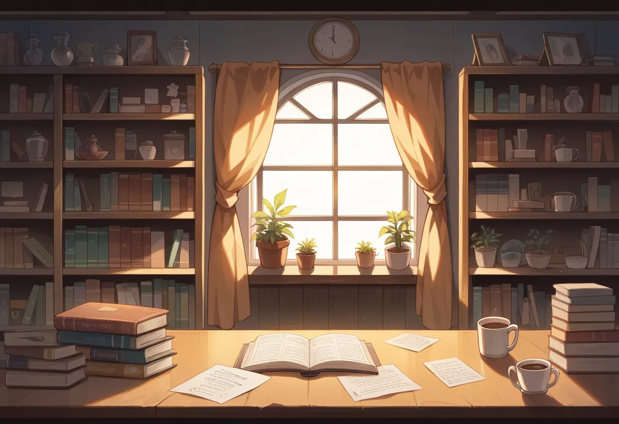 a lovely study room，there was a cup of coffee on the table，there are a lot of decorations, pictures and books，there is also an o...