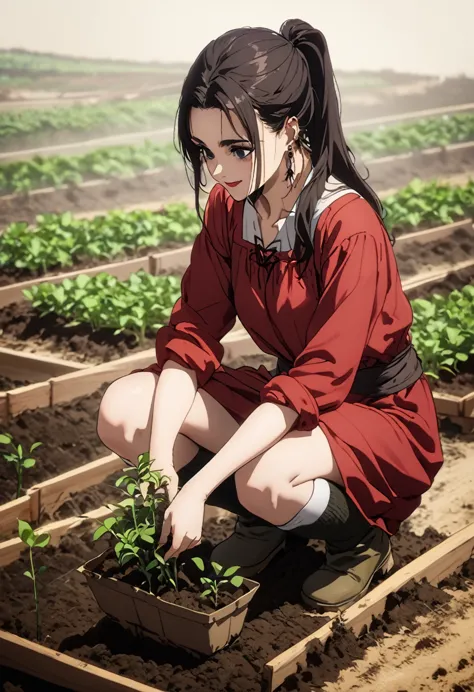 1 woman, alone,  long hair ,  ponytail , black eyes,  red peasant dress,  peasant boots ,  knee-high socks , whole body, smile, ...