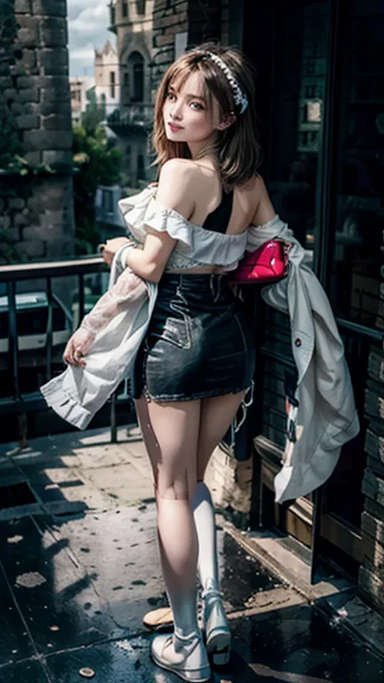 ( beautiful girl standing on the balcony of an ancient castle ),( realistic picture , super detailed, 8k), ((wide-angle lens, fu...