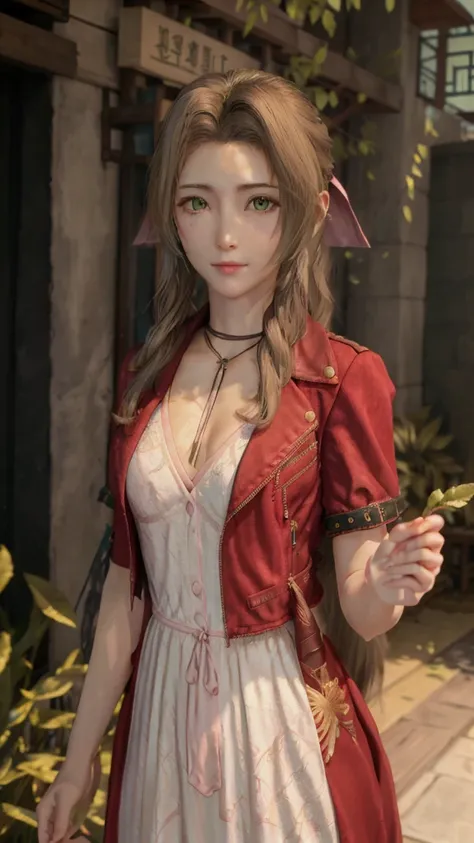  As in the photo, CG, Best Quality, highly detailed masterpiece    , Highly Detailed CG Unity 8k Wallpaper , Best Quality,  Extremely Absurd , very detailed beautiful woman   ,  Aerith Gainsborough , Alone,黄河沿い, light texture and light on the face , long C...