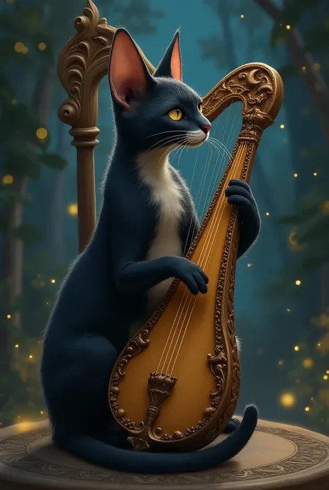 a black cat with mustaches playing the harp 