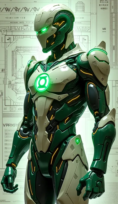 Intricate detail drawing sketch of green lantern, as Cyborg prototype,ultimate asgardian  armor evolution, Ultimate space specification gear, high tech of the project number 7, green, white and gold, engine and energy, digitalized detail specification info...