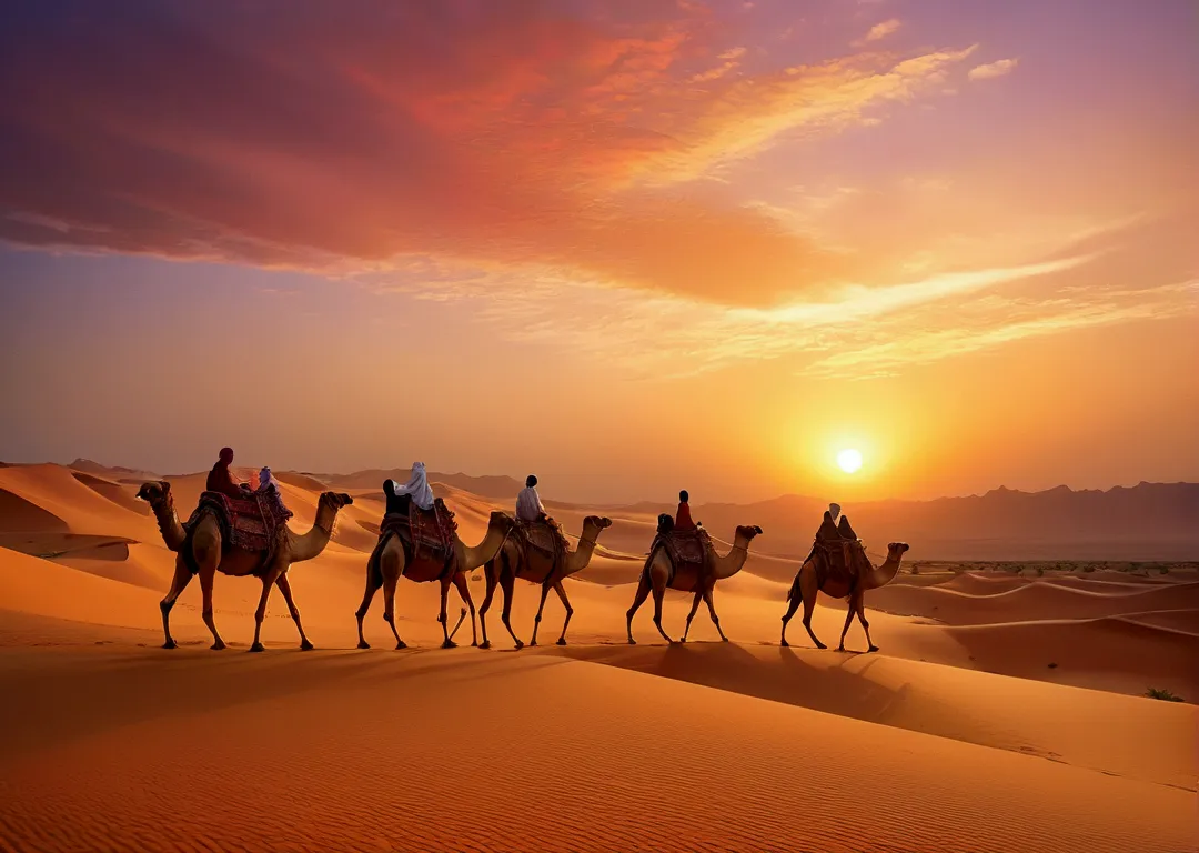 desert scene，camel caravan in the distance，sunset