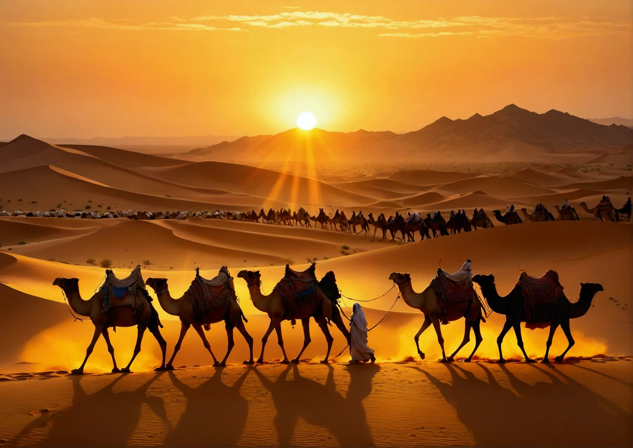 desert scene，camel caravan in the distance，sunset