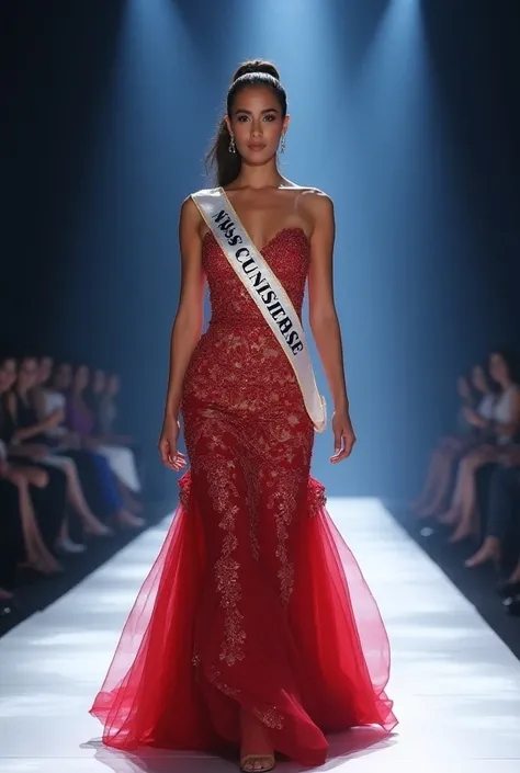 [Photo Realism] On stage, Finalist Miss Universe from colombia, Valeria Morales catwalk with her unique evening gown, and wear sash. 