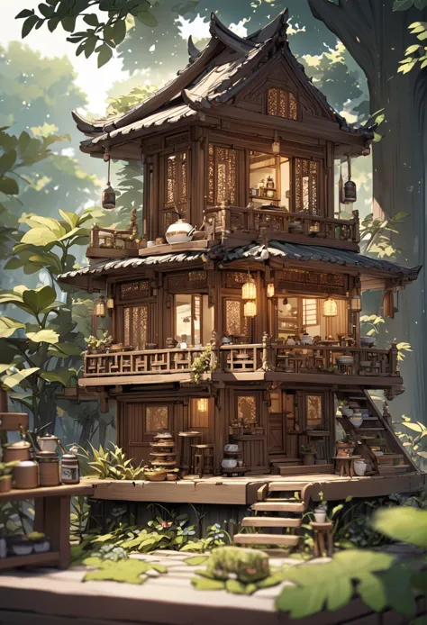 (miniature burmese house),(exquisitely crafted),in the woods,(cute coffee shop),light production