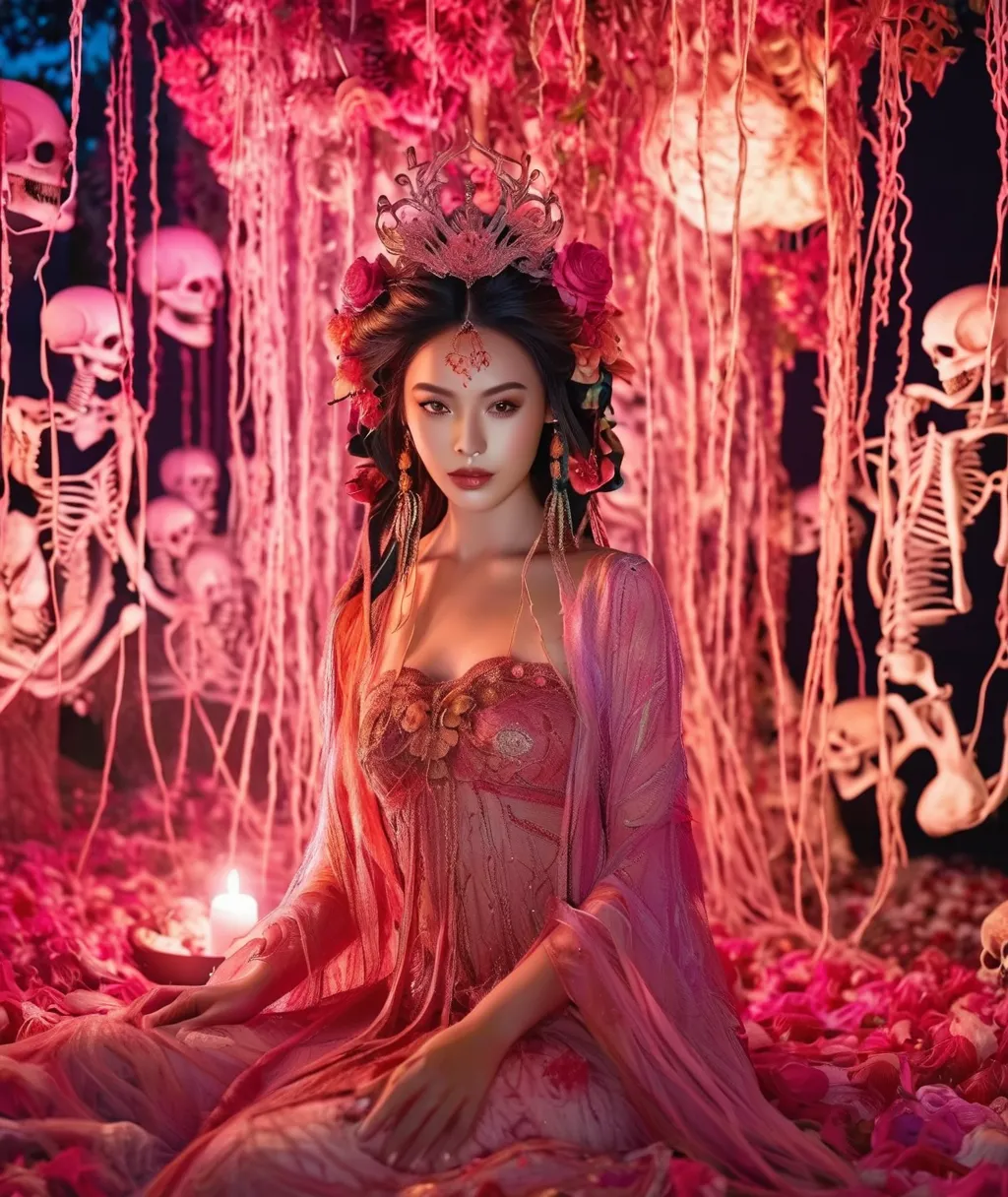 A cinematic-style fullbody realisticphoto in style pink，a beautiful young lady ,with a charming smile,in long hairstyle，sexy，on pile of skulls in Viscous liquid, at Luxurious cave palace with Hanging skeletons on webs，yaoye，anatomical correct:2，fullbody Ph...