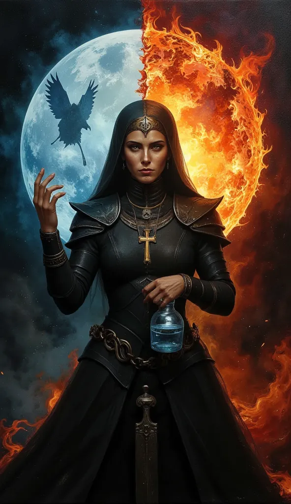 fantasy, oil painting on canvas, warrior nun, mature woman, sharp facial features, strong and athletic, dressed in chainmail and...