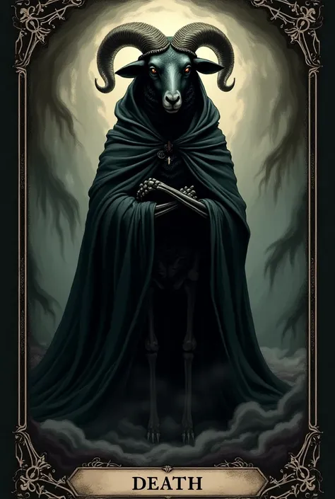 Tarot card 13, replace the human skeleton with that of a black sheep with a cape that has a hood 

