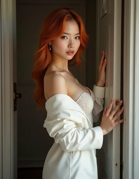 beautiful woman, date night outfit, cute and sexy, asian woman,  chic outfit, white chic outfit, date night outfit, cute and sexy outfit, milf, modest outfit,  blazer dress, delicate necklace and jewelry, golden eyes red hair, portrait, leggy, seductive an...