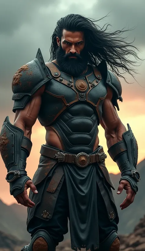 Create an ultra-realistic, highly detailed image of a tall, muscular man with a fierce expression, embodying a warriors spirit. He has long, spiky black hair that flows dramatically, with some strands falling across his forehead. His face is angular, with ...