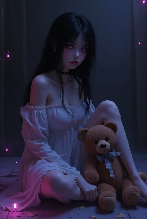 illustration of a girl sitting on the floor next to a teddy bear, deep rich gothic colors, advanced digital manga art, white porcelain doll, purple and black gothic makeup, wearing a nightie ( (in tatters)), a sly and happy expression, a pretty porcelain d...