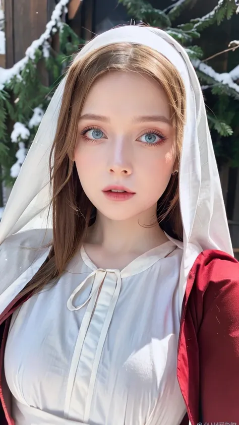 beautiful girl, blue eyes, long white hair, detailed facial traits, open chest red female dress (nun dress), yurta behind, it's ...