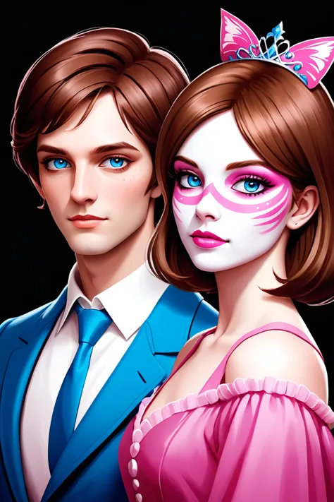 (1 man, 1 woman) ( white and pink princess face paint ) (bob cut, brown hair,  blue eyes,  cat-like features ) ( straight, pair)...