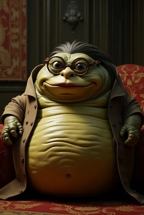 Jabba the Hutt with glasses and straight hair brushed on the sides