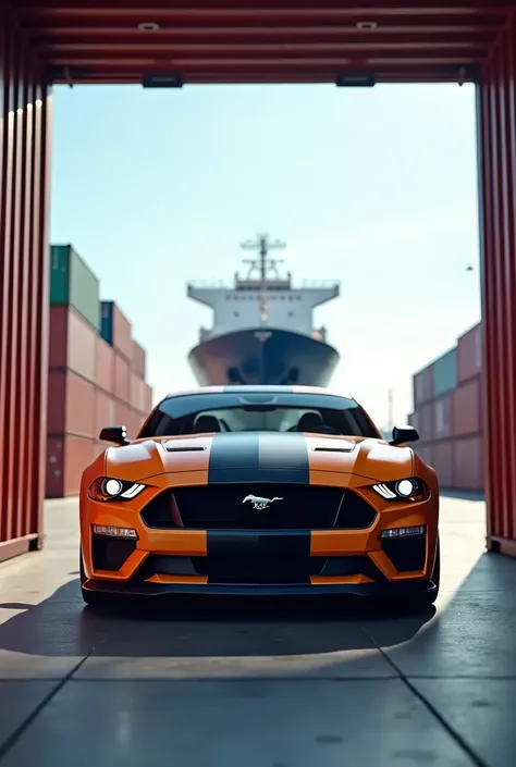 Advertising banner with cars from the USA. In the foreground is a modern stylish car (For example, Ford Mustang + Camaro ZL1), unloaded from a container. There is a ship in the background, standing in the port, and cargo containers.