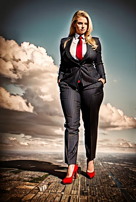 a sophisticated and stylish woman in a grey pinstriped trouser suit, white shirt, and a large wide necktie in a windsor knot, wi...