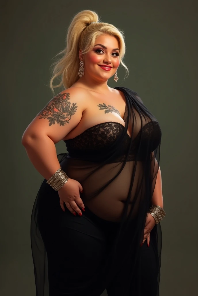 Chubby cute woman wearing black transparent saree bangles on hand golden hair pony tail big breast big muscle tatto on breast happy