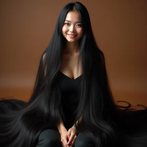 （Best Quality、Best Quality、  highest resolution  、  super realistic pictures、Full body image、masterpiece、16ｋ、）  very long hair , Beautiful Hair 。Young woman。 her hair is about 15 meters long 。 her hair is much longer than her height .。  most beautiful face...