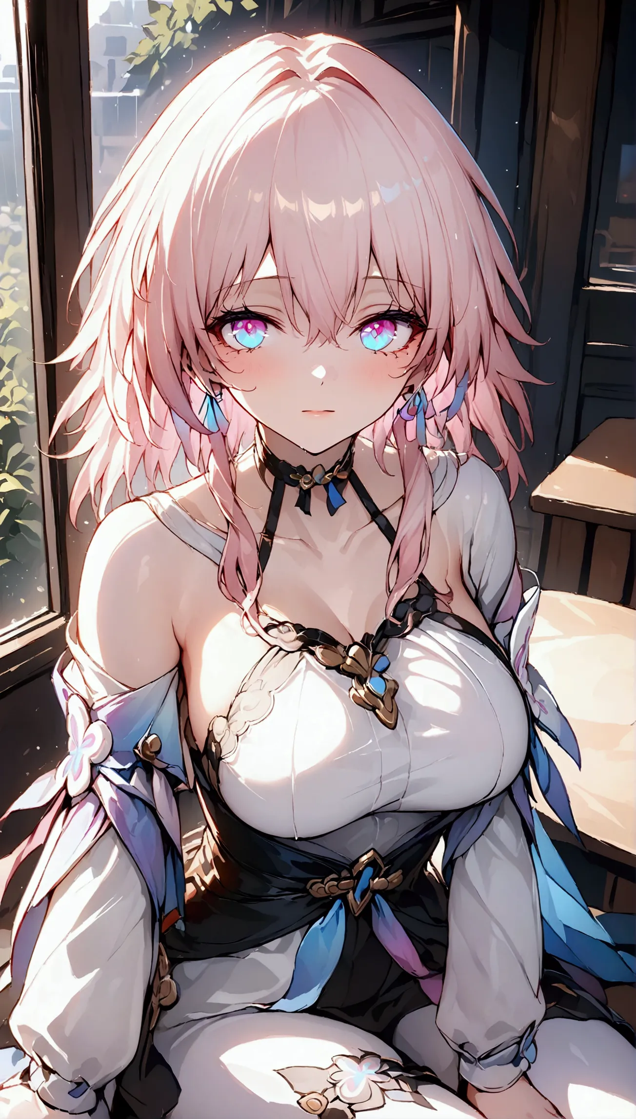 (Masterpiece. The best quality. 8K. Sharp focus. Depth of field, The best shadows. Perfect lighting. HDR. Realistic skin texture. Ultra-detailed background. Detail). Anime style. 1 girl. Honkai: Star Rail. March 7. Pink hair. Short hair. Beautiful hair. Ul...