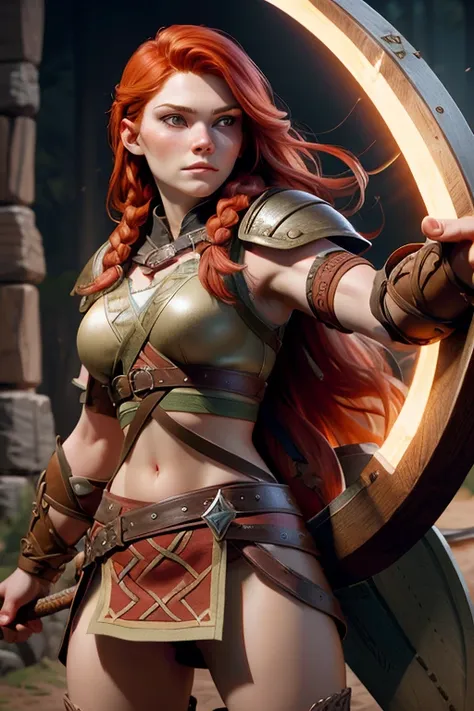 woman young, red-haired warrior, long hair gathered in a single braid, freckles on the face, mix of nordic and celtic themes, ar...