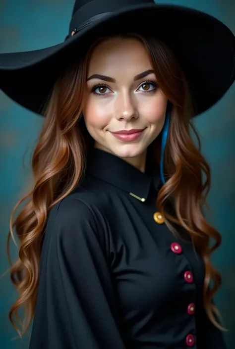 a brown-haired woman with blue tips, brown eyes, witch outfit