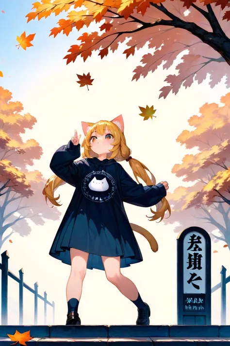 Cat Girl, Chibi,  , Blonde,  reach for the sign ,  autumn tree covered with fur  , Chestnut Tree, rendering, Anime background images,  cat girl ,  cute anime girl with cat ears !! Chibi!!! Cat Girl, милый Anime Cat Girl, With index finger, nekomimi, Anime ...