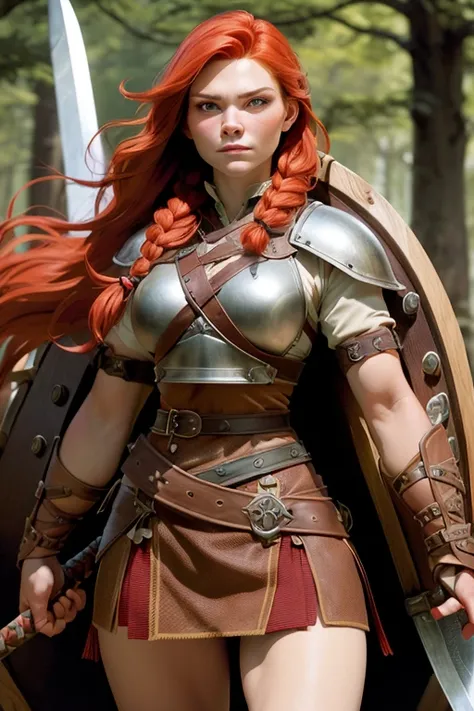 woman young, Red-haired warrior, long hair gathered in a single braid, freckles on the face, mix of Nordic and Celtic themes, armed with long sword and round wooden shield, wearing medium leather armor with fur linings and Celtic and Norse knots, ,  very d...