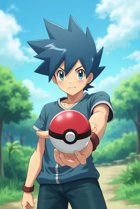 A blue-haired young man , Pokemon trainer, holding a pokeball, 