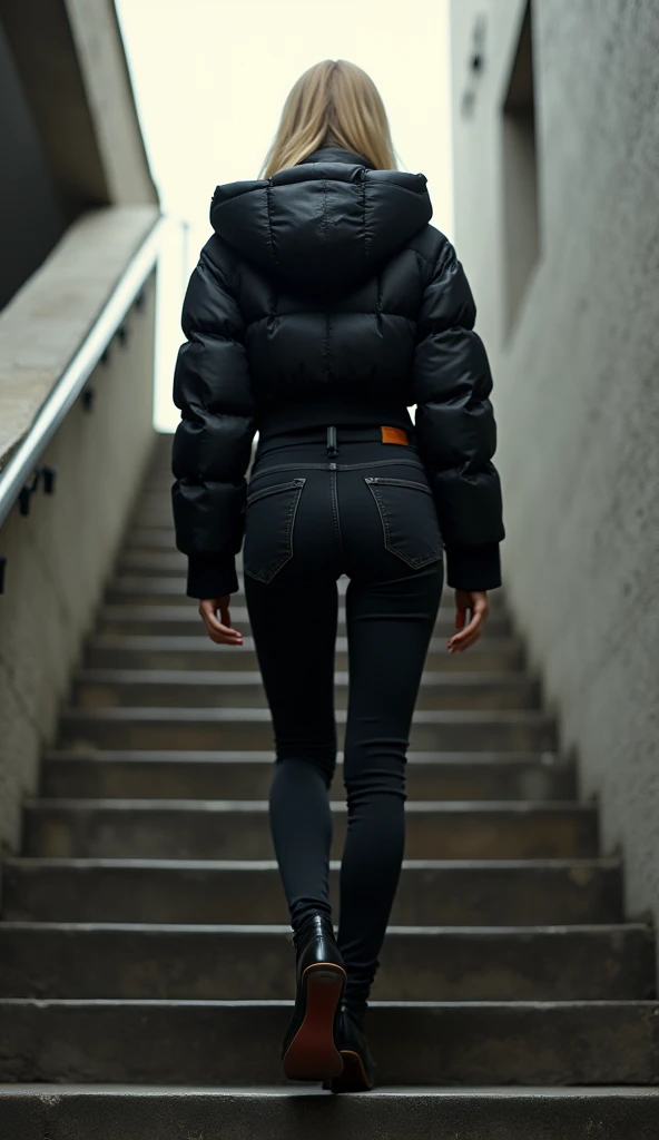 Back photo at 8 k., Incredibly beautiful skinny blonde girl in a short black puffy jacket with a collar , rough jacket, sexy sporty ass in black wide black jeans, the lower back is strongly arched, lower back deflection,  narrow waist , straight clean hair...