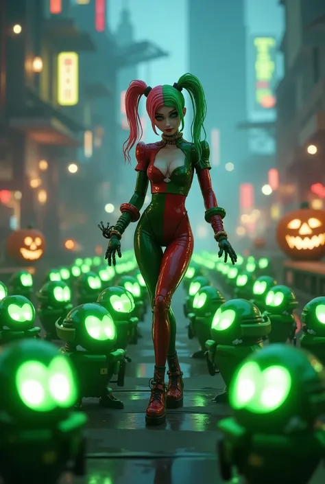 harley queen avec un petit robots de couleurs vert dans un  univers futuriste pour la fete dhaloween