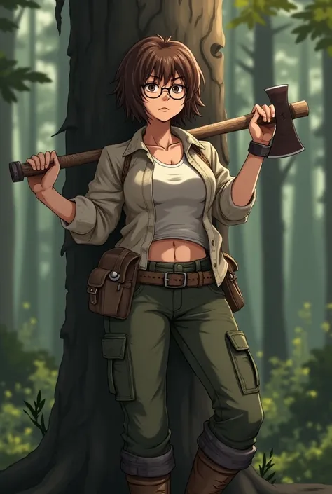  short brown dishevelled hair, slightly wavy hair, tan, like a teenager woman 39yo in glasses with natural soft like a junior small breasts, loose fitting clasp up shirt, slightly unclasped, no collar, no makeup, no earrings, rolled up sleeves, cargo pants...