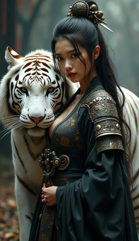 sensual mujer bigboods japanese samurai lights, shadows,  intricate dragon scale armor, with a white tiger ,  artistic style el ...