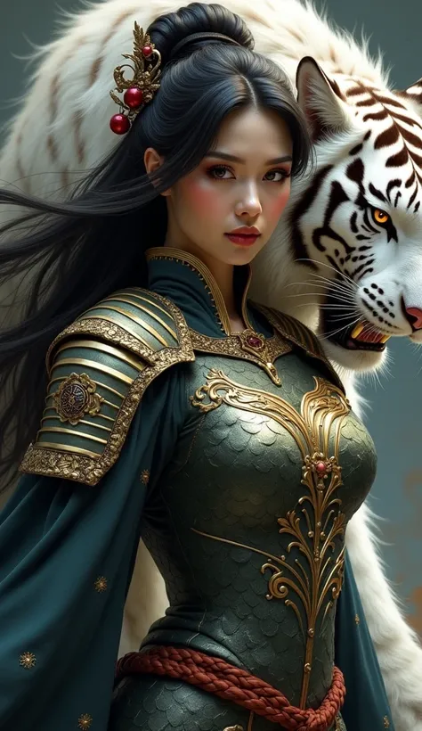 sensual mujer bigboods japanese samurai lights, shadows,  intricate dragon scale armor, next to a roaring white tiger, el greco ...