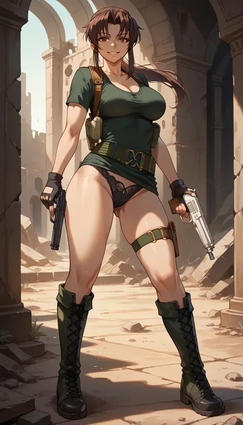 1woman, blacklagoonrevy, (masterpiece, best quality), 16K, long hair, ponytail, wearing tactical clothes, wearing black panties, shoulder holster, fingerless gloves, belt, thigh strap, knee boots, busty body, large breasts and a beautiful ass, showcasing c...