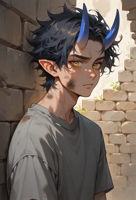 teen oni man, with small blue horns, dark hair, dirty shoulder length hair, grey shirt, stone wall, small pointy ears, yellow ey...