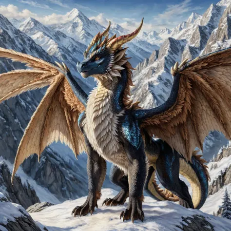 European dragon, (Fuzzy:1.4), (Fur on all areas of the body), ( very detailed fur:1.2), large wings, On all 4 standing ,  looks at the viewer , in the high mountains, very high quality,  High resolution , detailed background