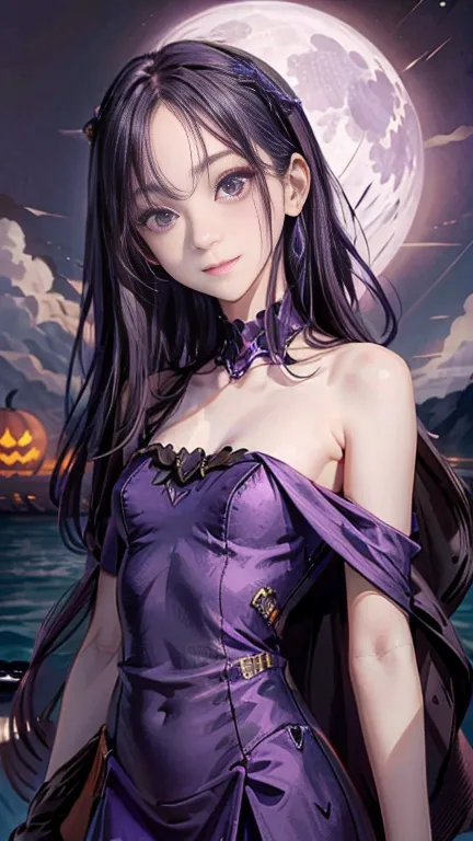 darkness　different world、very long blue hair 1:5、small face、whole body expression、small breasts、wearing purple dress, off-should...