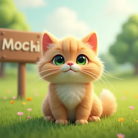 Create furry Persian cat beige cartoon network puppy Anatomically perfect , and 3D , The background is a field  ,  has the face of a sleepyhead , ojos de color verde , a sign in the background that says mochi , ultrarealistic