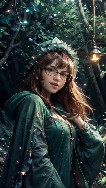 close-up, upper , body part. short, red hair, (green eyes:1.5),  metal frame glasses , pointed hat, green cloak, smiling girl  ....