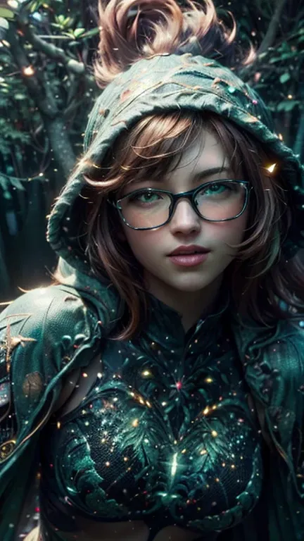 close-up, upper , body part. short, red hair, (green eyes:1.5),  metal frame glasses , pointed hat, green cloak, smiling girl  ....