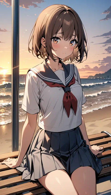  intricate details , Best Quality,  1 girl,  is sitting on a bench, Brown Hair,  short hair, Cute eyes,  school uniform, sunset, Beach