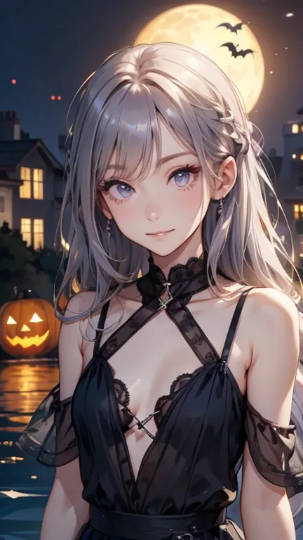 darkness　different world、very long blue and silver hair 1:5、small face、whole body expression、small breasts、wearing purple dress,...