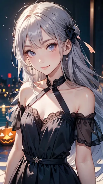 darkness　different world、very long silver and blue hair 1:5、small face、whole body expression、small breasts、wearing purple dress,...